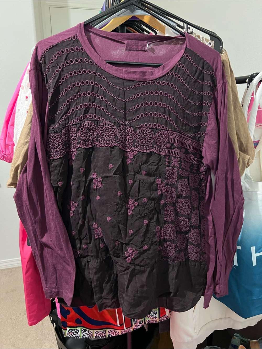 Johnny Was Bohemian-Style Embroidered Plum Black Peasant Top